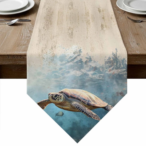 Ocean Turtle Table Runner Linen Burlap Table Runner 36 Inches Small Retro Coral Reef Illustration Coastal Dresser Scarves for Kitchen Island Coffee Dining Party Wedding Banquet Holiday Decor 13"x36"