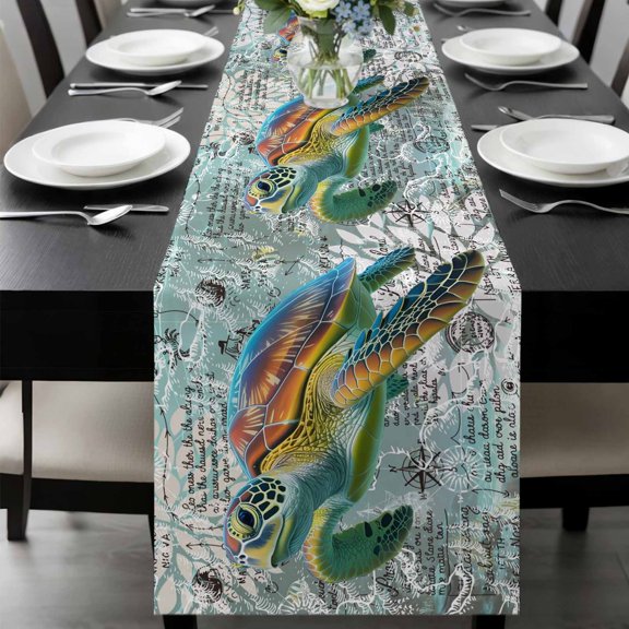 Ocean Turtle Table Runner, Nautical Retro Illustration Map Texture Washable Cotton-linen Table Runners Dining Kitchen Decoration for Everyday Home Wedding Party Decor, 13 x 108 Inch