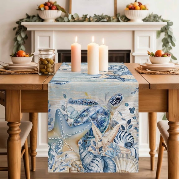 Ocean Turtle Table Runner, Retro Sea Stars Shells Blue Leaf Beige Stripes Cotton Linen Kitchen Table Decoration Washable Dining Tabletop Runners for Home Party Decor 13x36 Inches