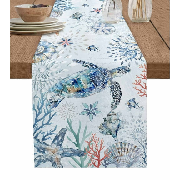Ocean Turtle Table Runner Summer Coastal Coral Flower Shells Tablerunners 13 x 90 Inch, Table Decorations Tabletop Scarf for Summer Gathering Holiday Farmhouse Kitchen Dining Decor