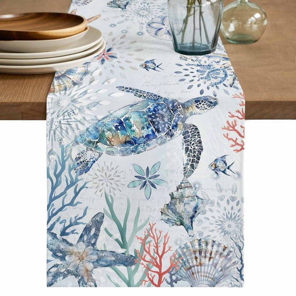 Ocean Turtle Table Runner, Summer Coastal Coral Flower Shells Washable Cotton Linen Table Runners 36 Inches Long, Dresser Scarf Runner for Nightstand/End Tables/Round Tables 13''x36''