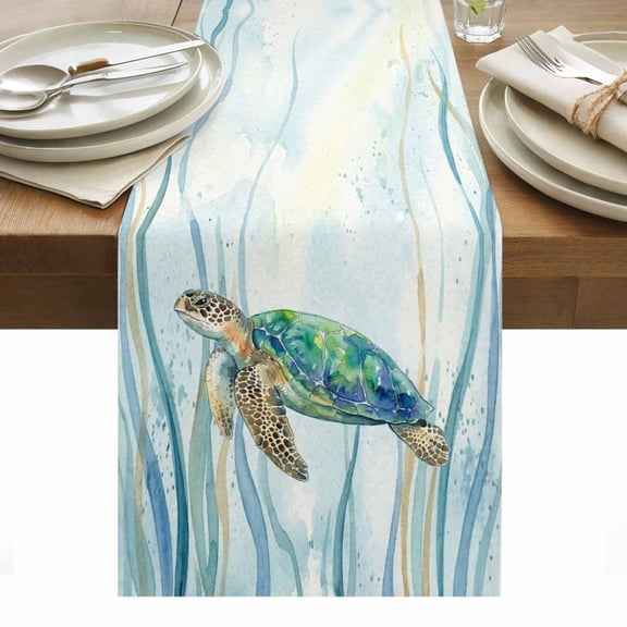 Ocean Turtle Table Runner Vintage Nautical Coastal Sea Watercolor Blue Green Seaweed Table Runners Dresser Scarves Holiday Kitchen Dining Table Decoration for Home Party Indoor 13x36 Inch