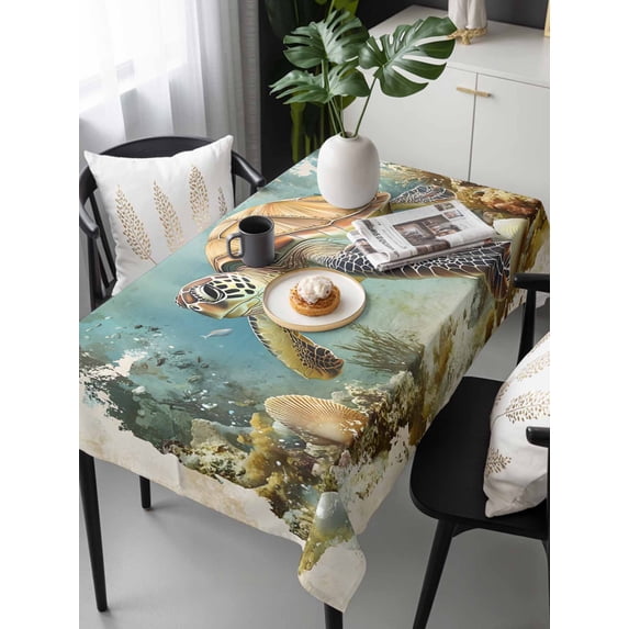 Ocean Turtle Tablecloth Rectangle Table Cloths 54x108, Waterproof Tablecloth Outdoor Table Cloth, Coastal Coral Illustration Retro Painting Washable Table Cover for Kitchen Dinning Party