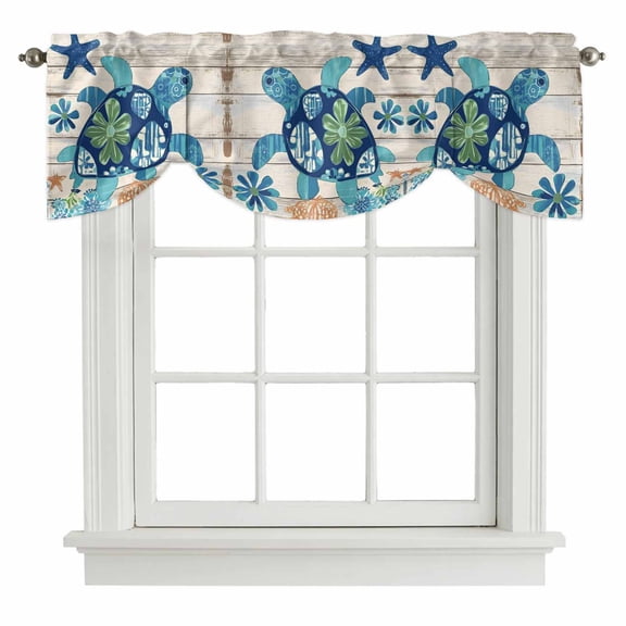 Ocean Turtle Tie Up Valance for Windows Sea Animals Rustic Wooden Board Adjustable Curtain Valance Rod Pocket Balloon Shade Window Treatment for Kitchen Living Room Bedroom 42x18inch