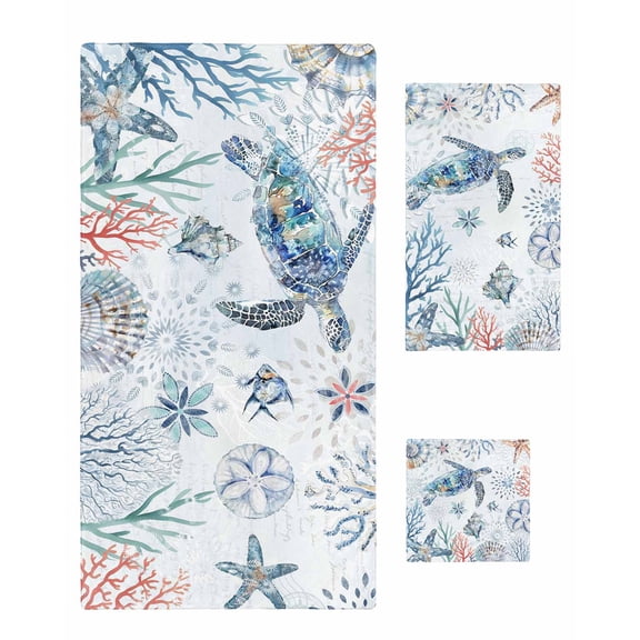 Ocean Turtle Towel Set of 3, Soft Microfiber Bath Towels, Hand Towel, Washcloths, Summer Coastal Coral Flower Shells Quick-Dry Absorbent Towels for Bathroom Kitchen Hotel Beach Gym Spa