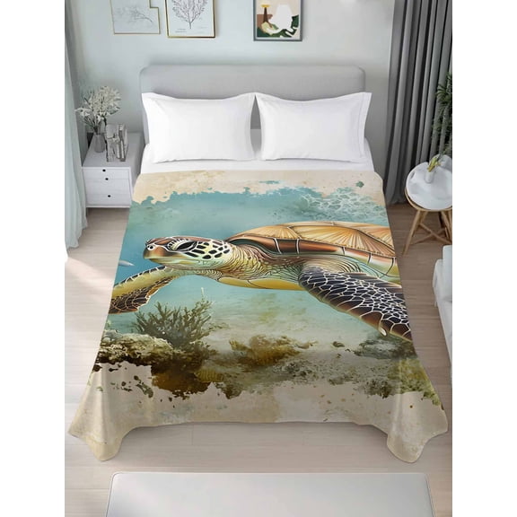 Ocean Turtle Twim Size Flat Sheet, Wrinkleproof & Fadeproof Cooling Flat Bed Sheet Only, Coastal Coral Illustration Retro Painting Breathable Soft Bedding Top Sheets 66 x 96 Inches