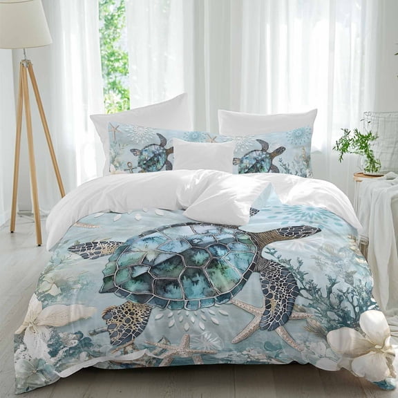 Ocean Turtle Twin Size Comforter Set, Marine Life Starfish Coral Retro Bedding for All Seasons, 4 Pcs Bed Set, 1 Quiltcover (68"x86") ,1Sheet(67"x116"), 2Pillowcases (30"x20")