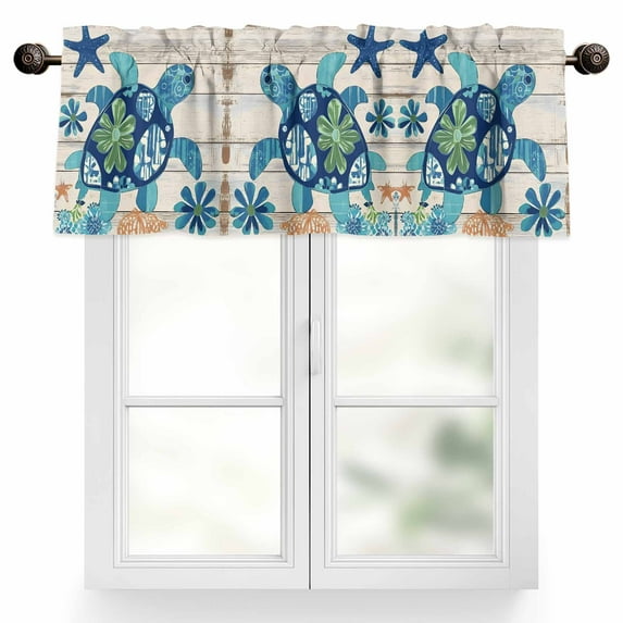 Ocean Turtle Valances for Windows, 54 x 18in, Sea Animals Rustic Wooden Board Rod Pocket Kitchen Valance Curtain Light Filtering Window Treatments for Living Room Bedroom, 1 Panel