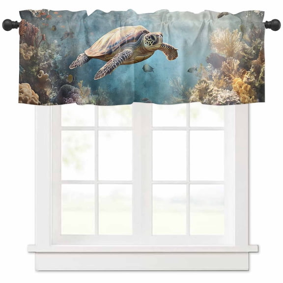 Ocean Turtle Valances for Windows Farmhouse Kitchen Curtains Valances Rod Pocket Valance Curtains for Kitchen Windows Retro Coral Reef Illustration Coastal Window Valances for Bathroom 42"x12"