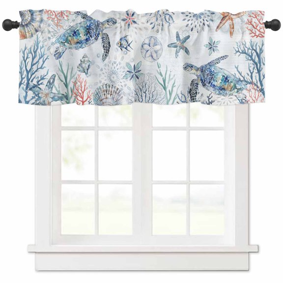Ocean Turtle Valances for Windows Farmhouse Kitchen Curtains Valances Rod Pocket Valance Curtains for Kitchen Windows Summer Coastal Coral Flower Shells Window Valances for Bathroom Bedroom 42"x12"