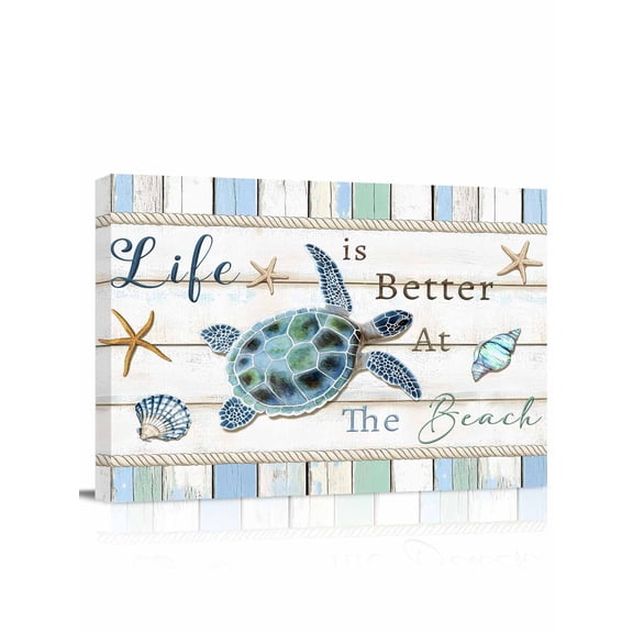 Ocean Turtle Wall Art for Living Room,Canvas Picture Wall Decor for Bathroom Bedroom,Coastal Blue Starfish Shell Conch Wood Grain Painting Artwork for Office Kitchen Hallway Dining Room Decor 12"x16"