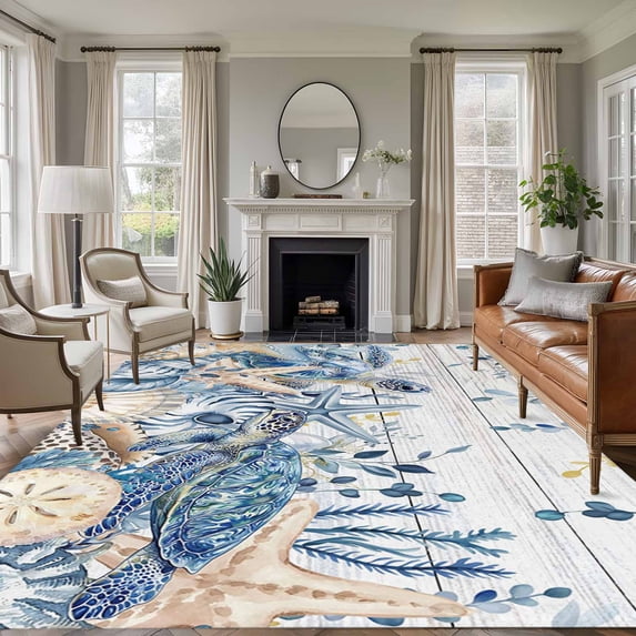 Ocean Turtle Washable Living Room Rugs 5'x8', Retro Sea Stars Shells Blue Leaf Wood Grain Low Pile Throw Large Area Rug Non-Slip Sturdy Edge Binding Carpet for Living Room Kitchen Office