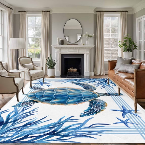 Ocean Turtle Washable Living Room Rugs 6'x9', Blue Starfish Coral Summer Animal Striped Low Pile Throw Large Area Rug Non-Slip Sturdy Edge Binding Carpet for Dining Room Kitchen Office