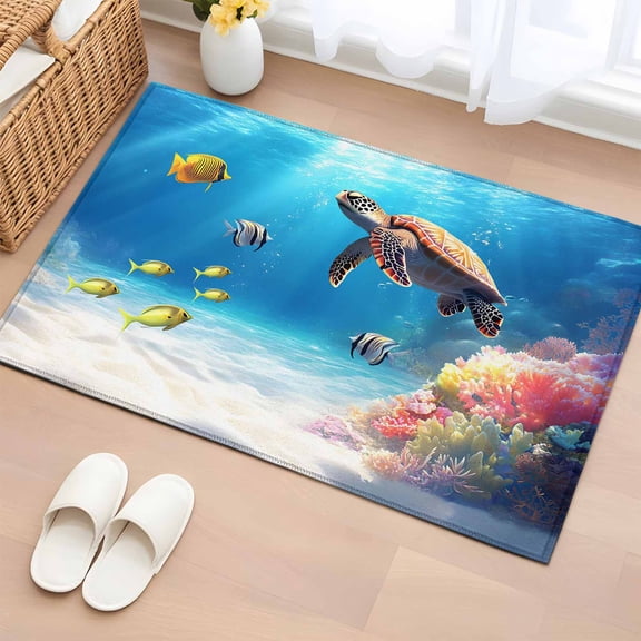 Ocean Turtle Washable Small Entryway Area Rugs 2'x3', Nautical Colorful Sea Turtle Fish Coral Sunlight Bubble Low Pile Throw Rug Non-Slip Sturdy Edge Binding Carpet for Front Door Floor Room Entry