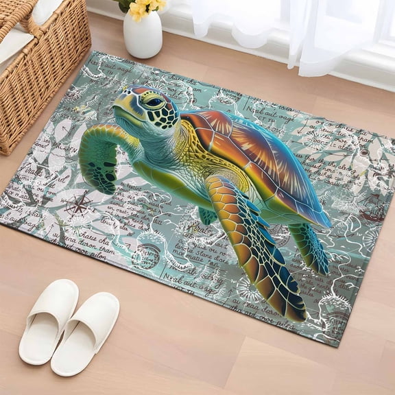 Ocean Turtle Washable Small Entryway Area Rugs 2'x3', Nautical Retro Illustration Map Texture Low Pile Throw Rug Non-Slip Sturdy Edge Binding Carpet for Front Door Floor Room Entry