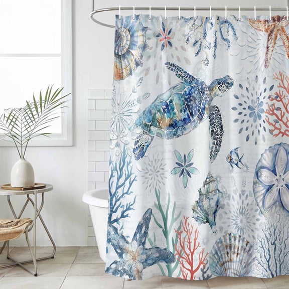 Ocean Turtle Waterproof Fabric Shower Curtain,Summer Coastal Coral Flower Shells Waterproof Fabric Shower Curtain for Bathroom Curtains Bathtubs Hotel Shower Curtains with 12 Hooks Small 36x72in
