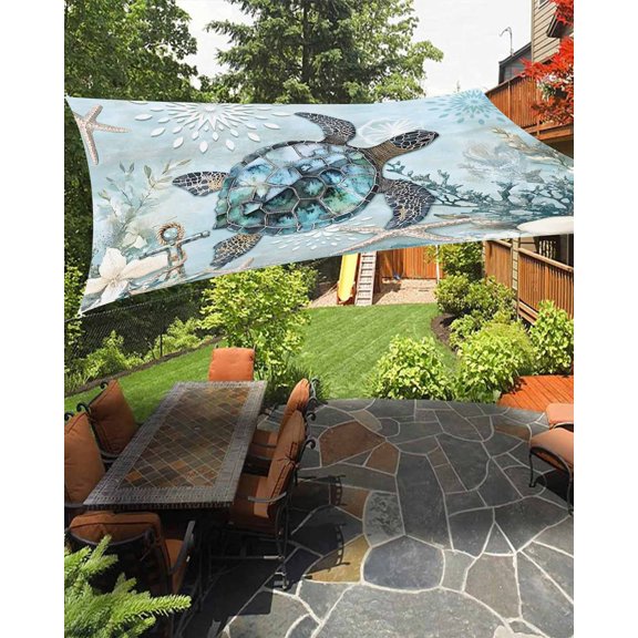 Ocean Turtle Waterproof Sun Shade Sail Marine Life Starfish Coral Retro Outdoor Patio Sun Shades Canopy UV Block Waterproof Sunshade for Garden Backyard Deck Pergola 6.5x10 Ft