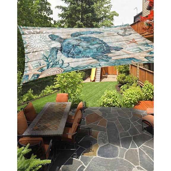 Ocean Turtle Waterproof Sun Shade Sail Retro Coral Starfish Anchor Coastal Wood Outdoor Patio Sun Shades Canopy UV Block Waterproof Sunshade for Garden Backyard Deck Pergola 6.5x10 Ft