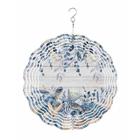 Ocean Turtle Wind Spinner for Garden Yard 10In, Retro Sea Stars Shells Blue Leaf Wood Grain 3D Stainless Steel Kinetic Hanging Wind Spinners Rustproof Outdoor Decor for Lawn Patio Home