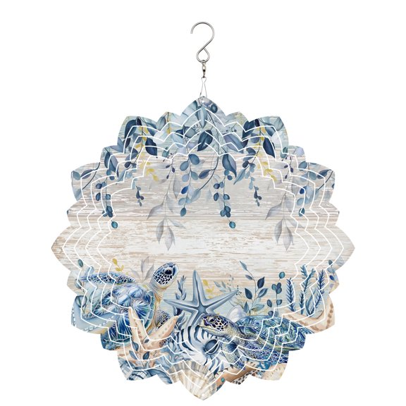 Ocean Turtle Wind Spinner for Garden Yard 8In, Retro Sea Stars Shells Blue Leaf Beige Stripes 3D Stainless Steel Kinetic Hanging Wind Spinners Rustproof Outdoor Decor for Lawn Patio Home