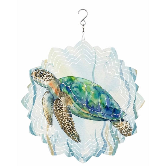 Ocean Turtle Wind Spinner for Garden Yard 8In, Vintage Nautical Coastal Sea Watercolor Blue Green Seaweed 3D Stainless Steel Kinetic Hanging Wind Spinners Rustproof Outdoor Decor for Lawn Patio Home