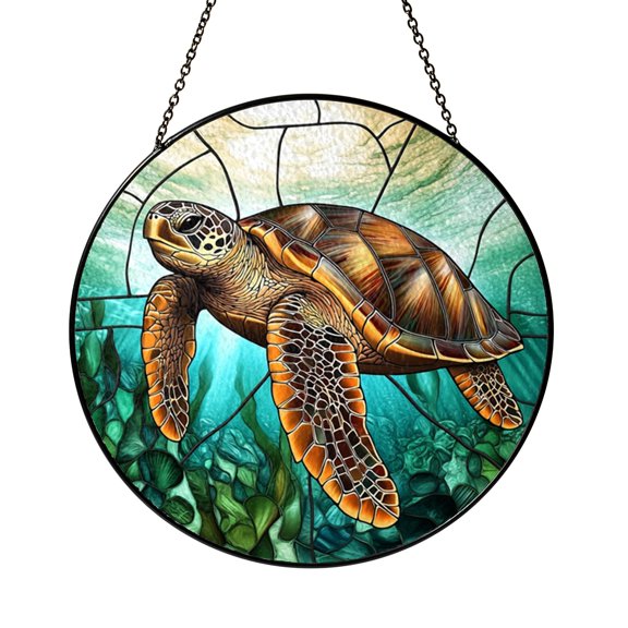 Ocean Turtle Window Hanging – Stained Glass Style Marine Art