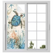 Ocean Turtle Window Privacy Film, Coastal Nautical Coral Starfish Blue Static Cling UV Sun Blocking Heat Control Window Tint Day and Night, Non-Adhesive One Way Windows Privacy Cover 23.6x59