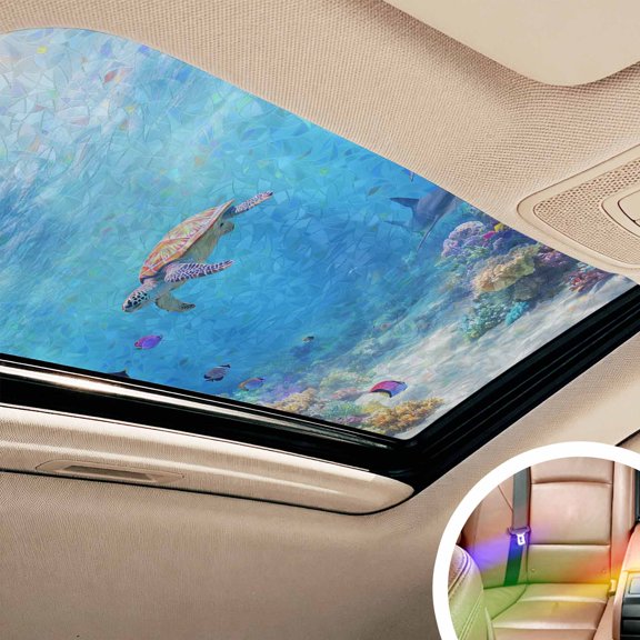 Ocean Turtle Window Privacy Film Rainbow Static Cling Stain Glass Window Film for Glass Door, Decorative Sunroof Decal Sticker for Car Bathroom 17.7"x39.3" Blue Beach Summer Dolphin Whale Coral Fish