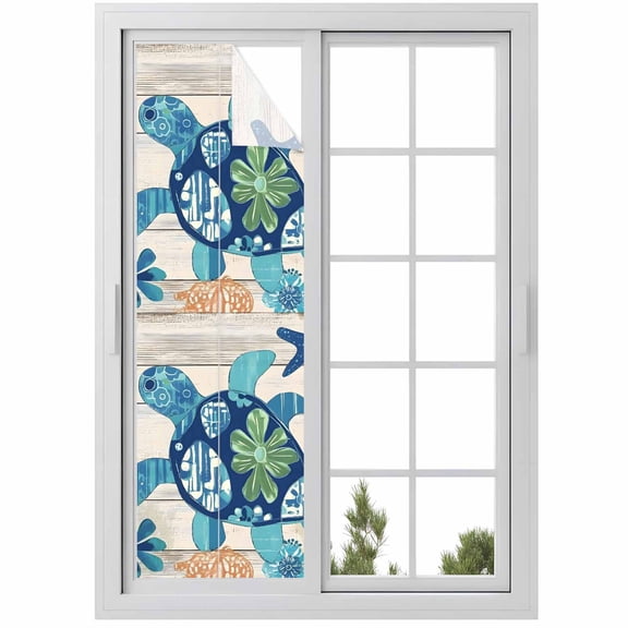 Ocean Turtle Window Privacy Film Sea Animals Rustic Wooden Board Decorative Glass Window Film UV Blocking Static Cling Non-Adhesive Sticker Covering for Home Door 17.7 x 78.7 inches