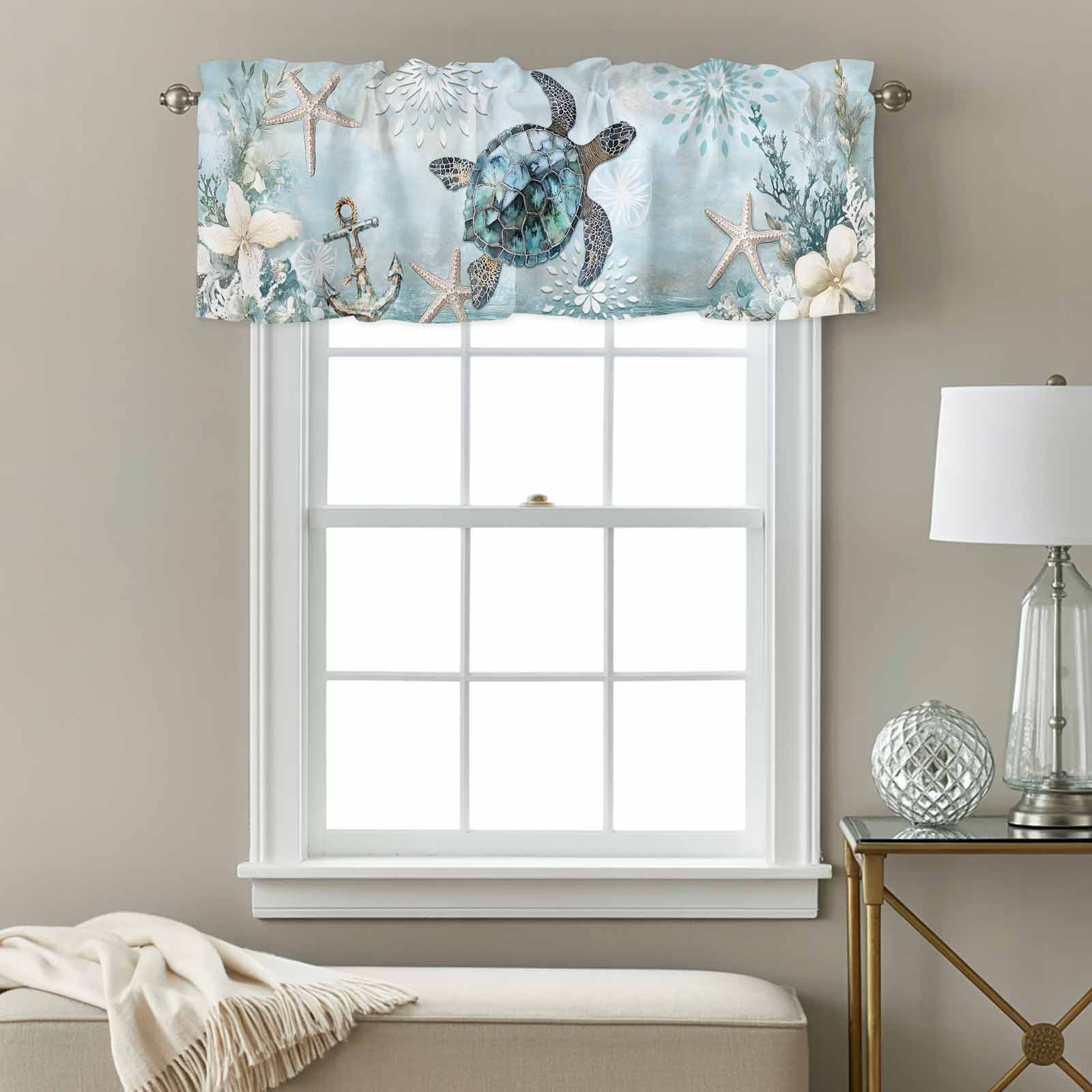 Ocean Turtle Window Valance for Kitchen, Marine Life Starfish Coral ...