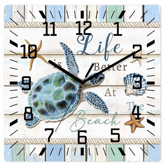 Ocean Turtle Wooden Wall Clock Silent Non Ticking, Coastal Blue Starfish Shell Conch Wood Grain Square Wall Clocks Battery Operated, Decor Clock for Home Office, Living Room, Kitchen, 12 Inch