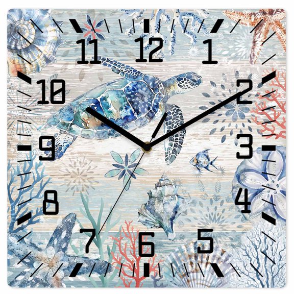Ocean Turtle Wooden Wall Clock Silent Non Ticking, Coral Vintage Blue Shell Coastal Conch Square Wall Clocks Battery Operated, Decor Clock for Home Office, Living Room, Kitchen, 10 Inch