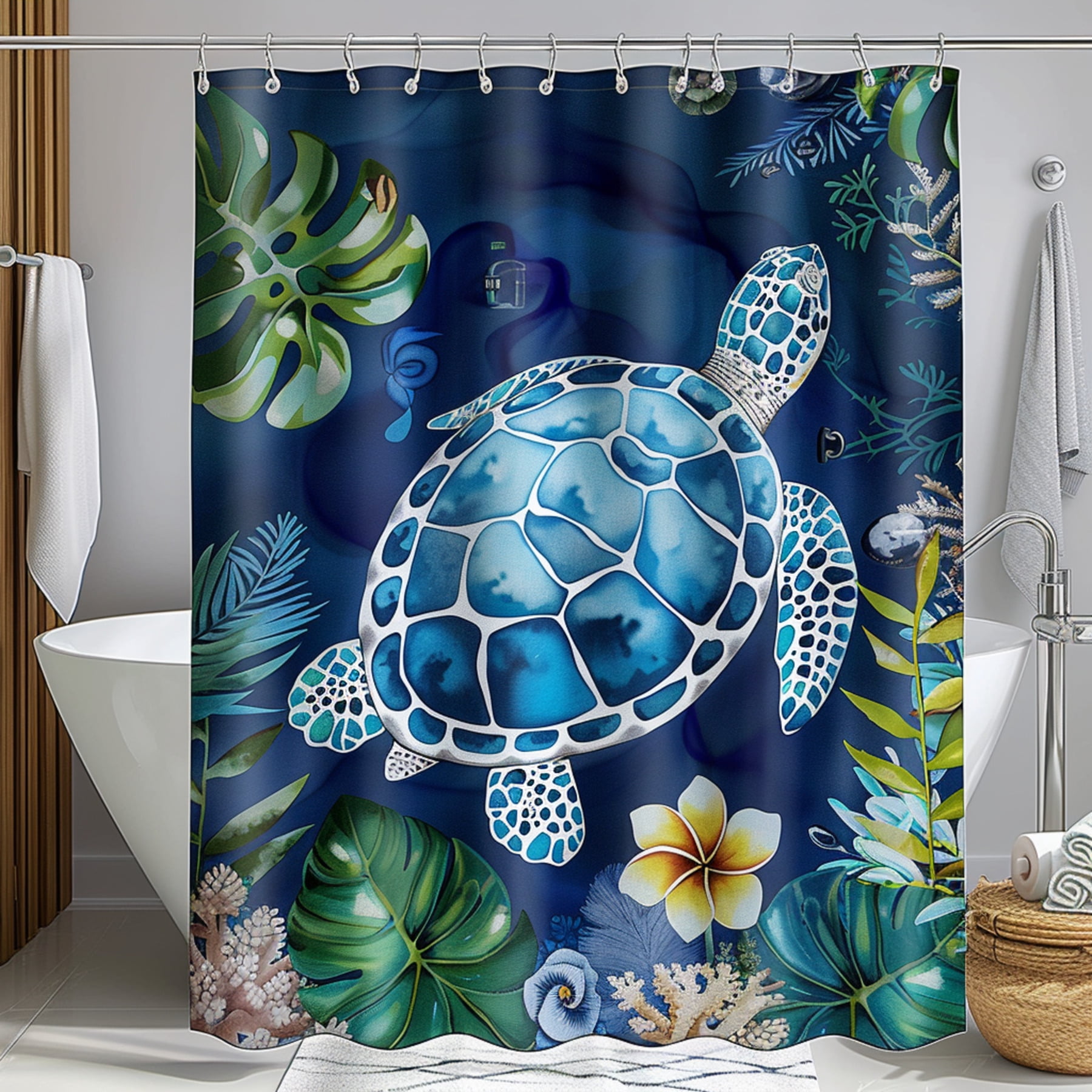 Ocean Turtle and Tropical Plants Watercolor Shower Curtain Vibrant