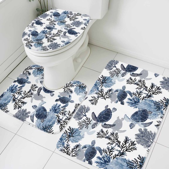 Ocean Turtles Bathroom Rugs Set Retro Watercolor Blue Corals Turtles Non Slip Absorbent Soft Bath Mats 3 Piece Set with Bathroom Rug, U-Shaped Floor Mat, Toilet Seat Cover Large Size