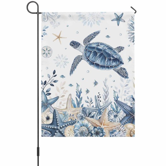 Ocean Turtles Garden Flags For Outdoor, Blue Yellow Sea Star Shell Coral Small Double Side Yard Flags Weather Proof Garden Decor for Lawn Outside Holiday 12 x 18 Inches
