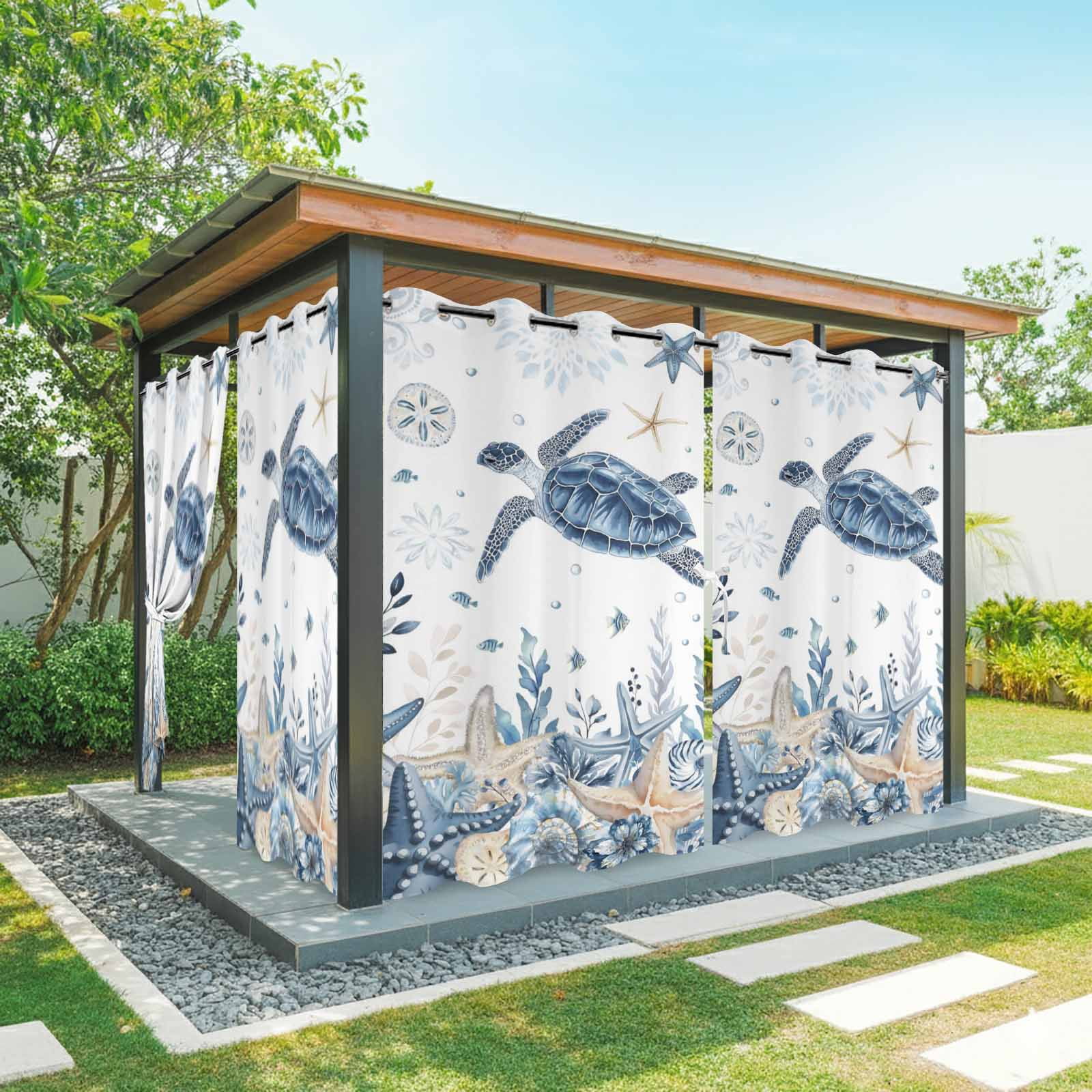 Ocean Turtles Outdoor Curtains for Patio, Blue Yellow Sea Star Shell Coral Sunshade Privacy Drapes Grommet Waterproof Outside Curtains for Porch/Cabana/Balcony 54"x 108", 1 Panel