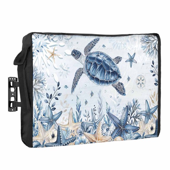Ocean Turtles Outdoor TV Cover 48 to 50 inch Weatherproof Waterproof, Blue Yellow Sea Star Shell Coral Blue TV Enclosures with Remote Control Pocket Flat Screen Protector for Outside