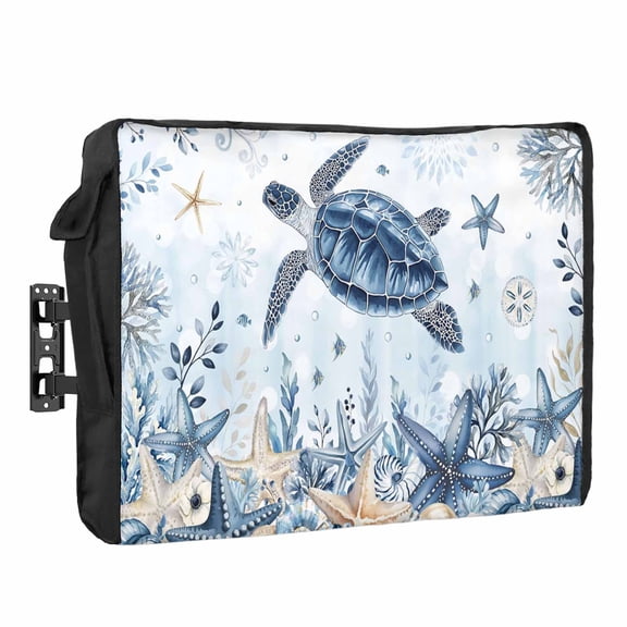 Ocean Turtles Outdoor TV Cover Blue Yellow Sea Star Shell Coral Gradient Blue Waterproof Weatherproof TV Screen Protector with Remote Control Pocket for 80 to 85 Inch Television Outside