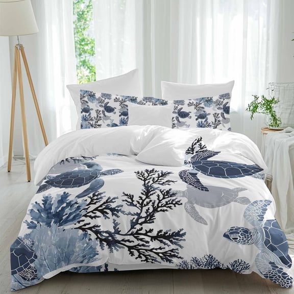 Ocean Turtles Queen Size Comforter Set, Retro Watercolor Blue Corals Turtles Bedding for All Seasons, 4 Pcs Bed Set, 1Quiltcover (90"x92") ,1Sheet(94"x116"), 2Pillowcases (30"x20")