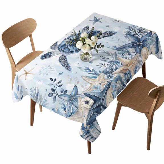 Ocean Turtles Rectangle Tablecloth Blue Yellow Sea Star Shell Coral Gradient Blue Waterproof Wrinkle Free Soft Table Cloth Spill-Proof Washable Table Cover for Dining Party Picnic 52 x 70 Inch
