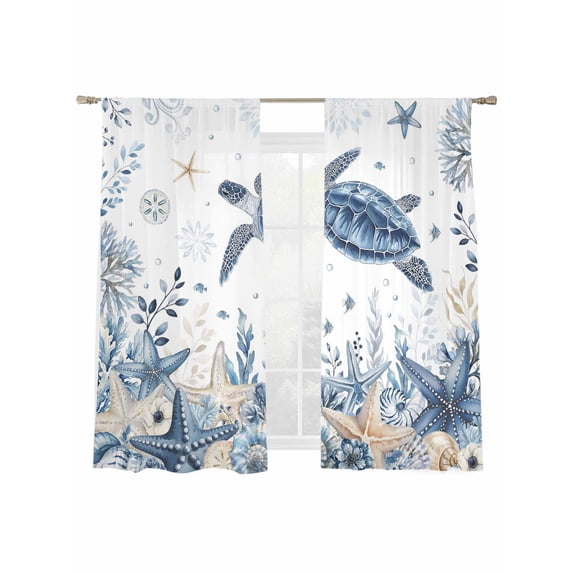 Ocean Turtles Sheer Curtains 2 Panels Set Blue Yellow Sea Star Shell Coral Sheer Window Curtains Light Filtering Rod Pocket Voile Drapes for Bedroom Living Room 52"X72"