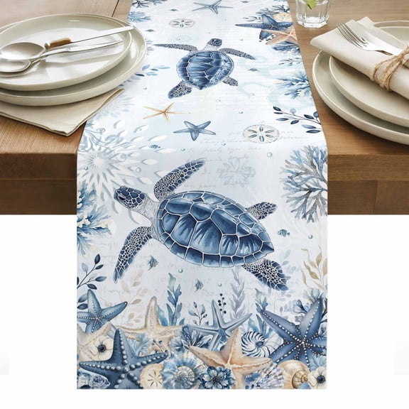 Ocean Turtles Table Runner Blue Yellow Sea Star Shell Coral Blue Table Runners Dresser Scarves Holiday Kitchen Dining Table Decoration for Home Party Indoor 13x108 Inch