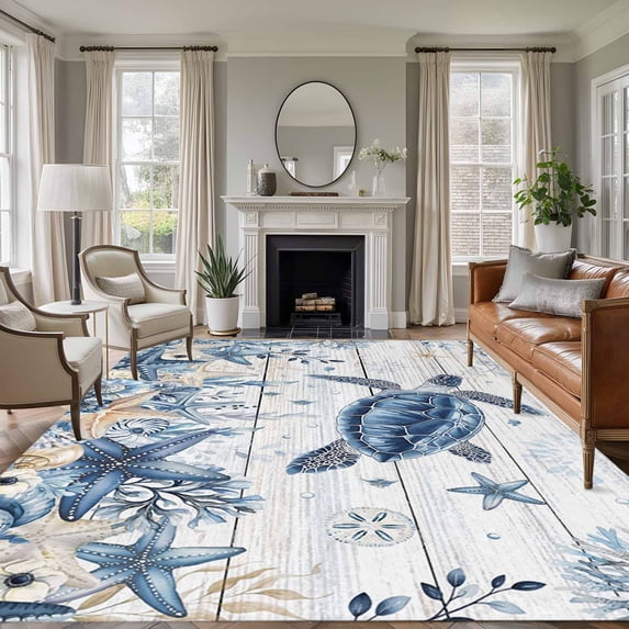 Ocean Turtles Washable Living Room Rugs 5'x7', Blue Yellow Sea Star Shell Coral White Wood Grain Low Pile Throw Large Area Rugs Non-Slip Sturdy Edge Binding Carpet for Dining Room Bedside Kitchen