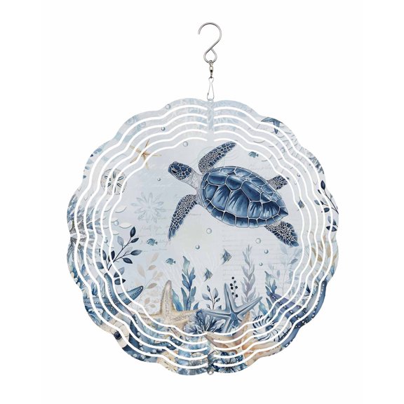 Ocean Turtles Wind Spinner for Garden Yard 12In, Blue Yellow Sea Star Shell Coral Blue 3D Stainless Steel Kinetic Hanging Wind Spinners Rustproof Outdoor Decor for Lawn Patio Home