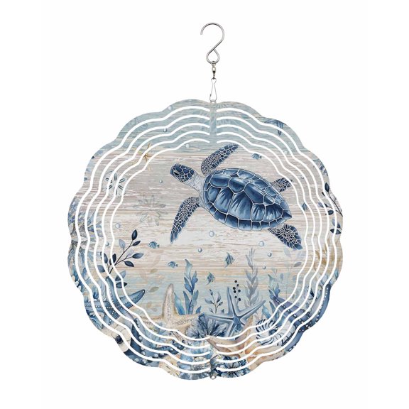 Ocean Turtles Wind Spinner for Garden Yard 12In, Blue Yellow Sea Star Shell Coral Yellow Blue Stripes 3D Stainless Steel Kinetic Hanging Wind Spinners Rustproof Outdoor Decor for Lawn Patio Home