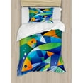 thumbnail image 1 of Ocean Twin Size Duvet Cover Set, Abstract Digital Geometric Pieced Fish with Circle Curves Depths of the Ocean Theme, Decorative 2 Piece Bedding Set with 1 Pillow Sham, Multicolor, by Ambesonne, 1 of 3