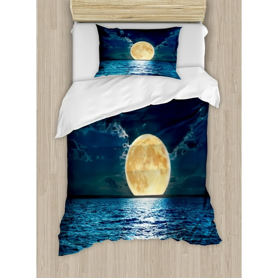 Ocean Twin Size Duvet Cover Set, Magical Super Moon Over Ocean Surface Midnight View Dreamy Mystic Picture Print, Decorative 2 Piece Bedding Set with 1 Pillow Sham, Yellow Navy, by Ambesonne