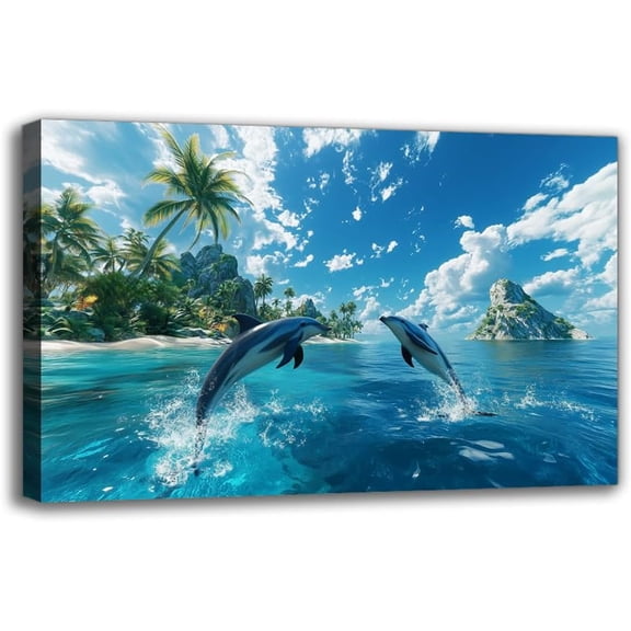 Ocean & Two Dolphins Framed Canvas Wall Art Prints - Charming Seascape and Beach Art Picture, Room Decor for Living room Bathroom Bedroom Hallway Holiday Theme Office Decor