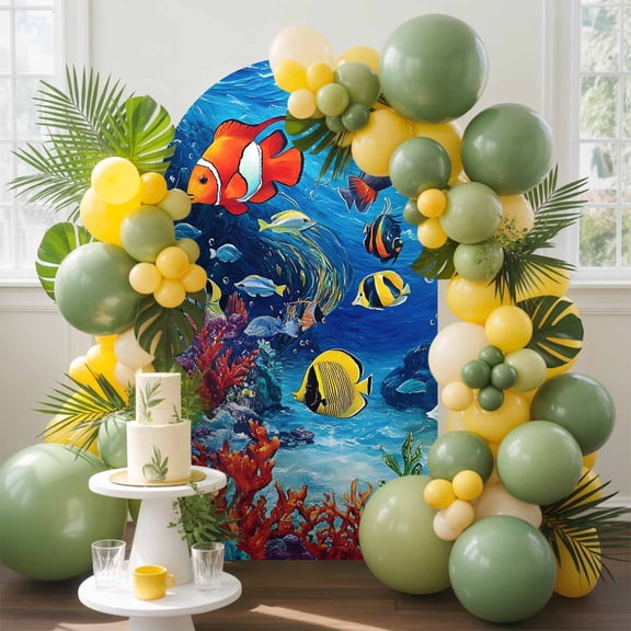 Ocean Underwater Arch Backdrop Cover, 6.6FT, World Tropical Fish Coral Color Marine Life Spandex Arch Covers Double-Sided Backdrop for Wedding Birthday Party Photo Background Decoration