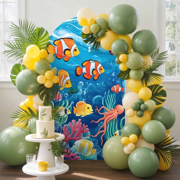 Ocean Underwater Arch Backdrop Cover, 7.2FT, Marine Life Fish Octopus Coral Seagrass Spandex Arch Covers Double-Sided Backdrop for Wedding Birthday Party Photo Background Decoration